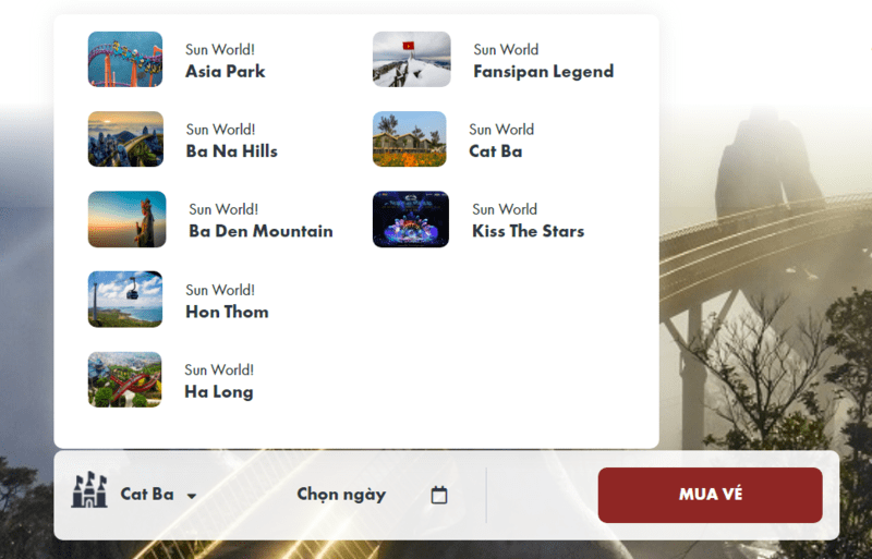 Mua vé cáp treo qua website chính thức của Sun World bước 1